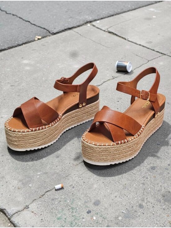 Shoes - Tan Platform Espadrille Sandals With Buckle Strap Crisscross Upper & White Sole